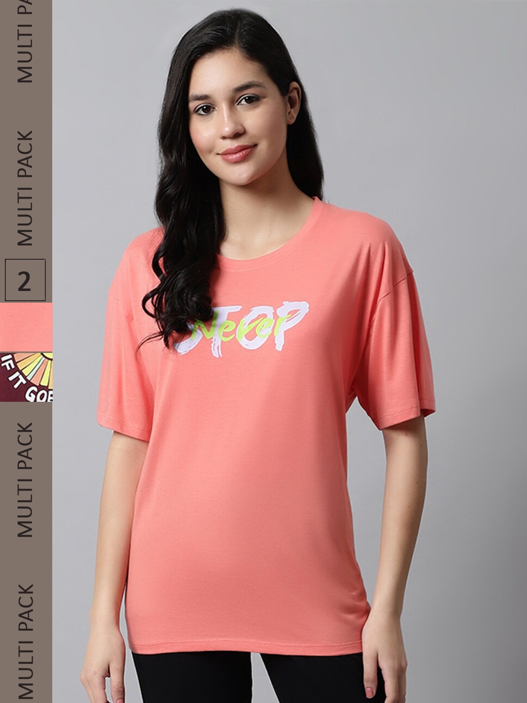 

Kanvin Coral & Brown Pack Of 2 Printed Drop Shoulder Sleeves Oversized T-shirts