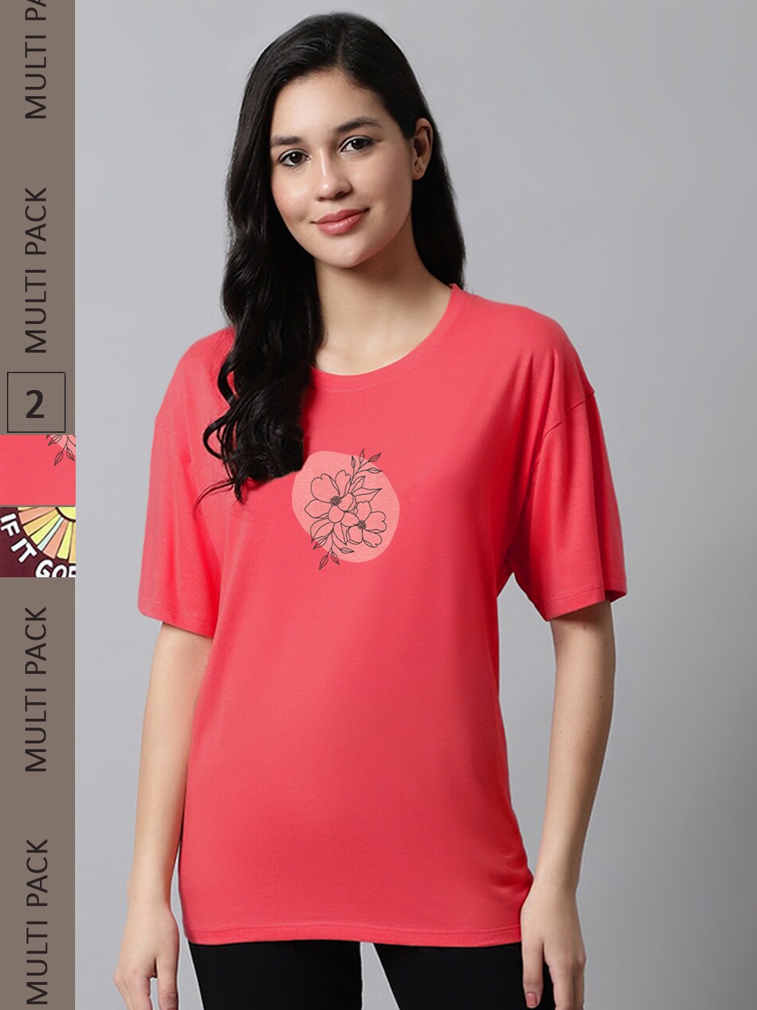 

Kanvin Brown & red Pack Of 2 Printed Drop Shoulder Sleeves Oversized T-shirts