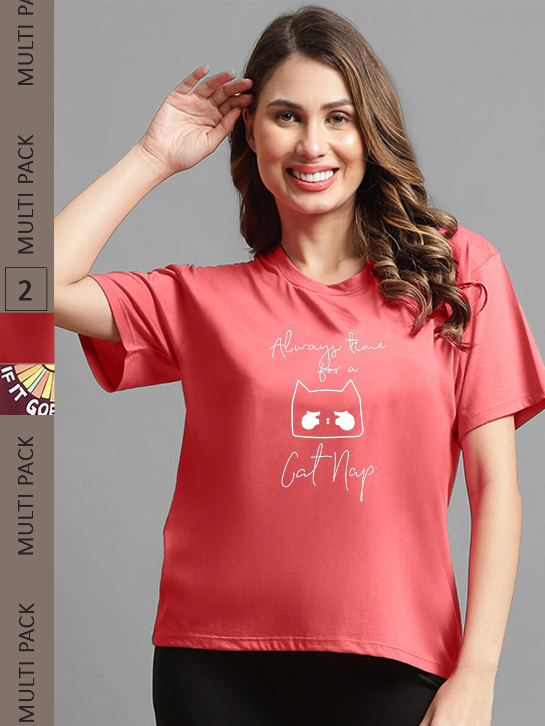 

Kanvin Brown & Pink Pack Of 2 Printed Drop Shoulder Sleeves Oversized T-shirts