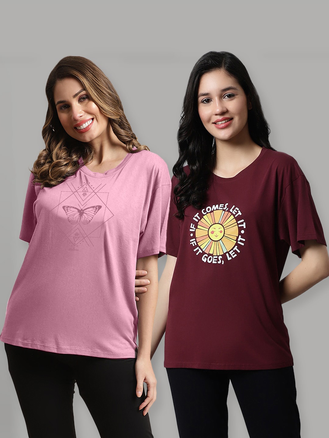 

Kanvin Pack Of 2 Brown & Pink Graphic Printed Modal Oversized T-shirt, Maroon
