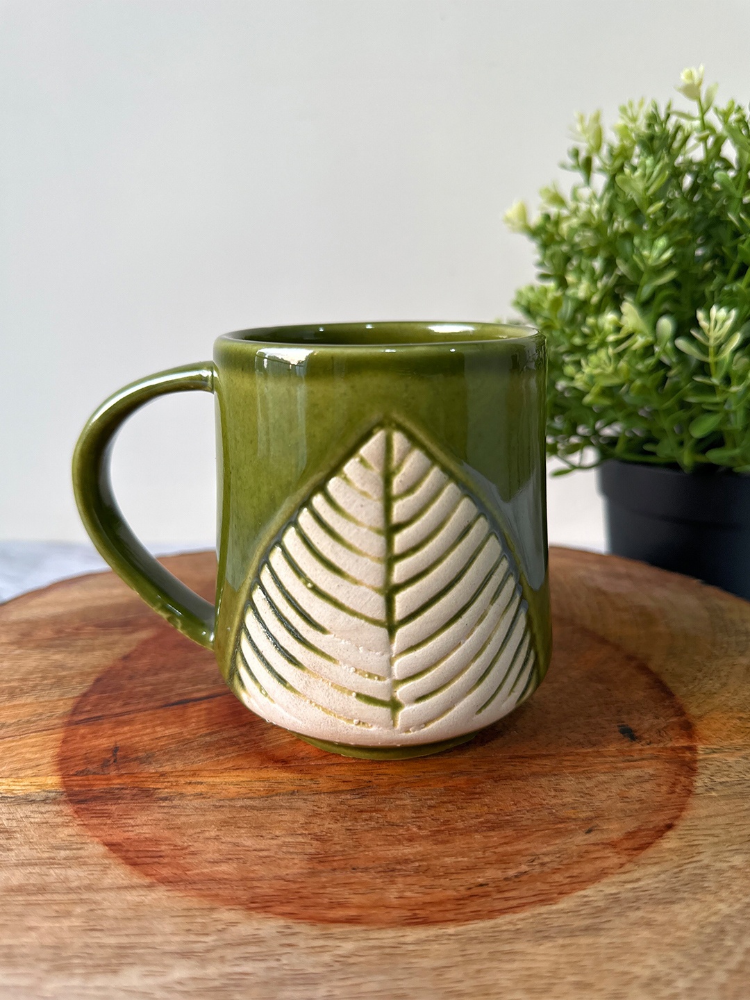 

CasaTrunk Olive Green & White Textured Ceramic Glossy Mug-300ml