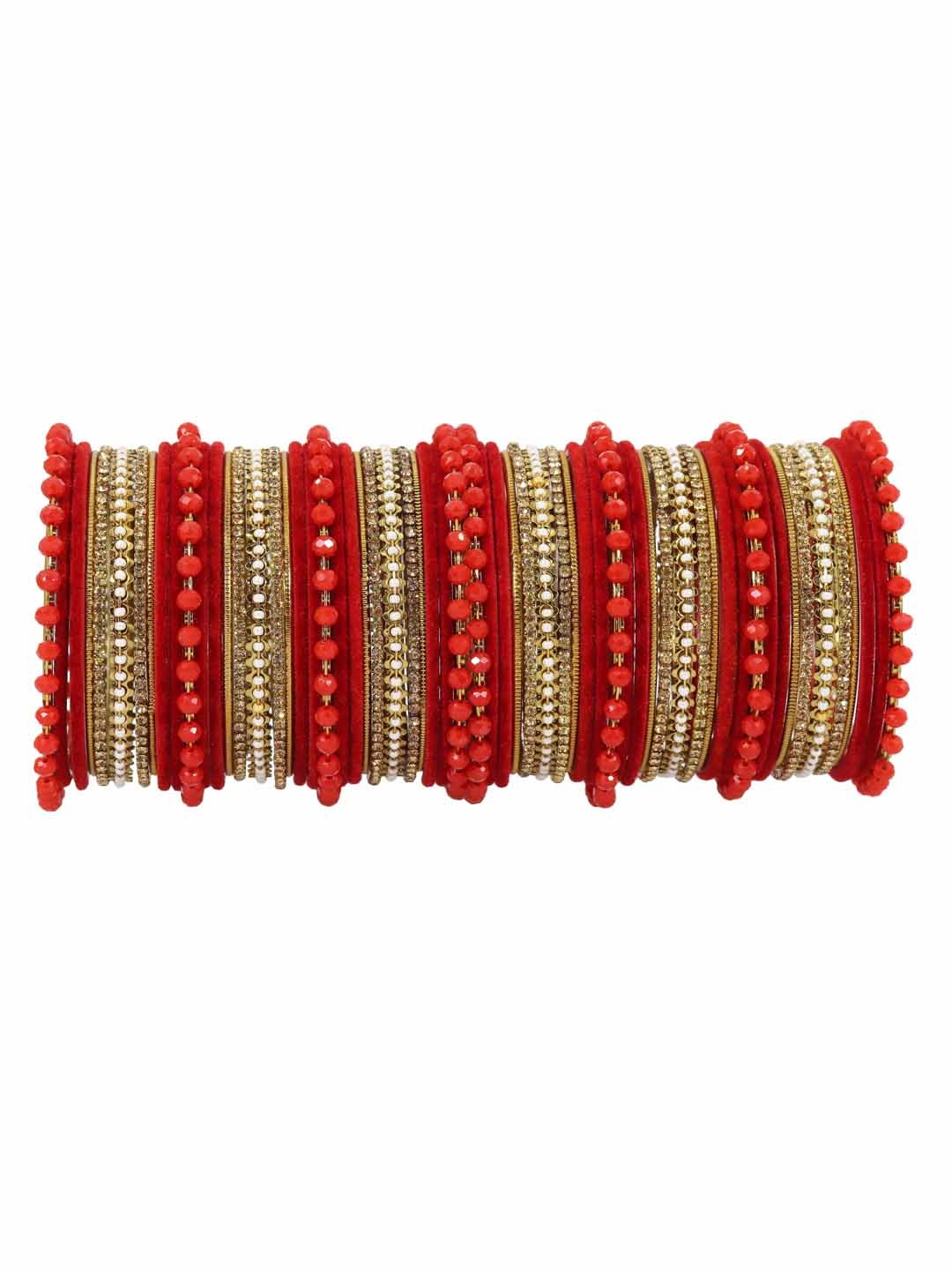 

NMII Set Of 62 Zircon-Studded Glossy Finished Velvet Bangles, Red