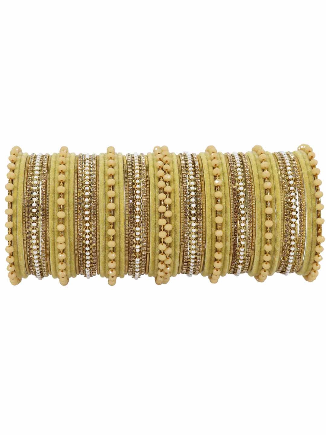 

NMII Set Of 62 Gemstone and Beads Studded Velvet Bangles, Gold