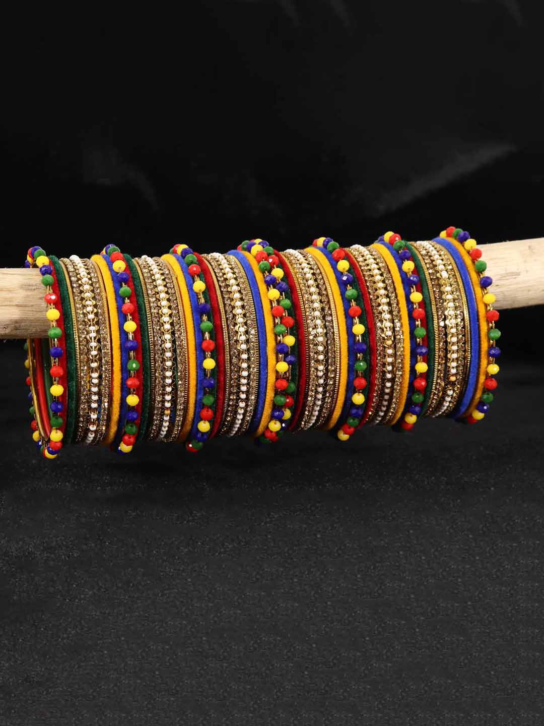 

NMII Set Of 62 Gemstone and Beads Studded Velvet Bangles, Gold