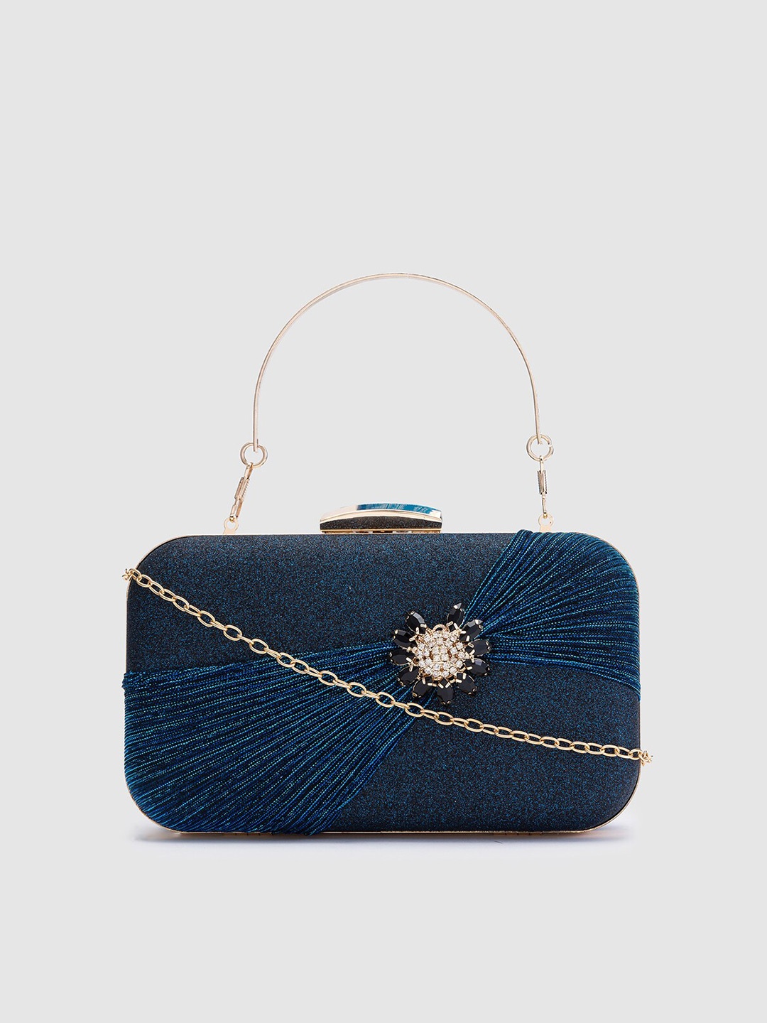 

Globus Navy Blue & Gold-Toned Embellished Box Clutch