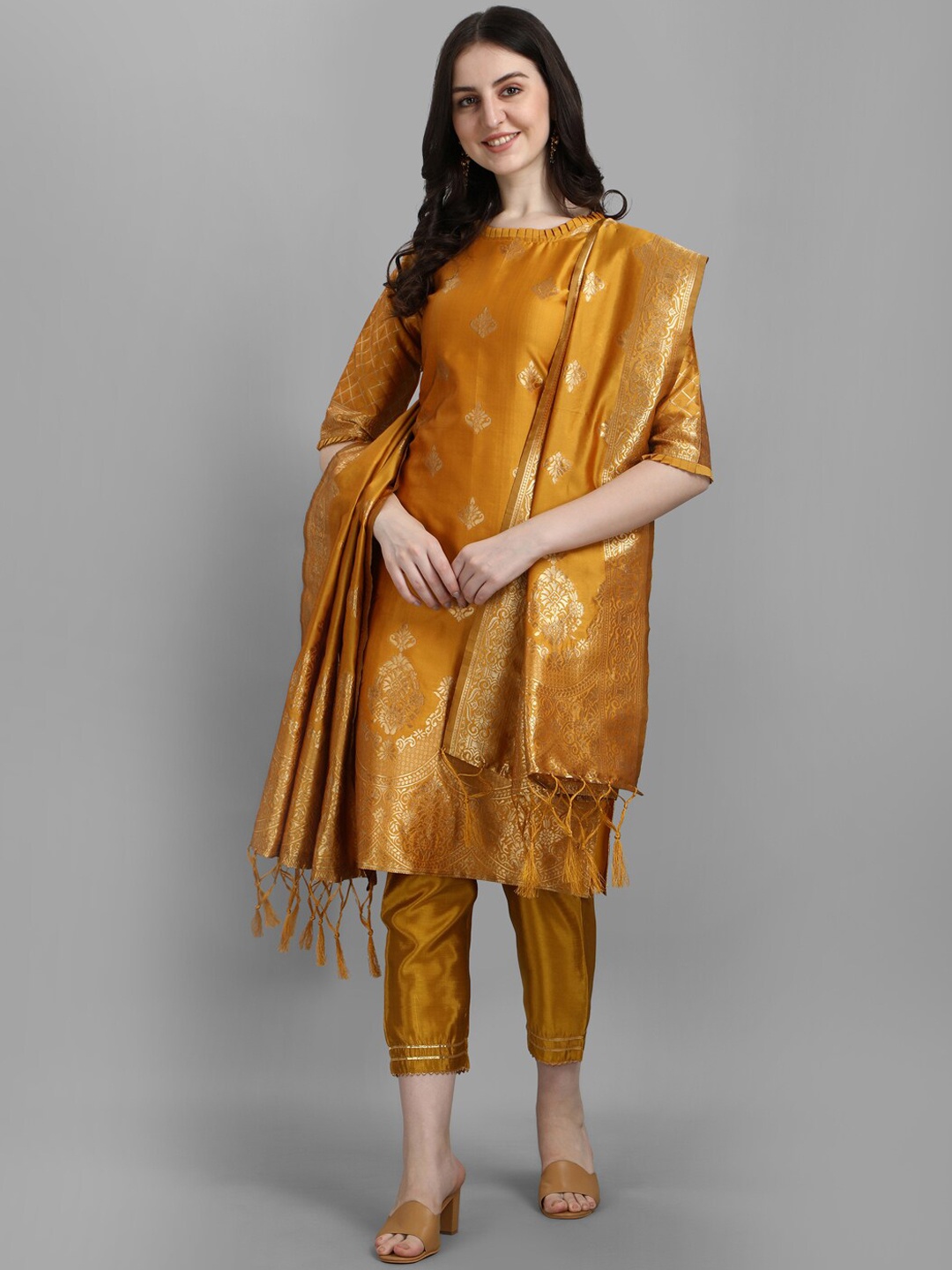 

KALINI Ethnic Motifs Woven Design Kurta With Trousers & Dupatta, Yellow