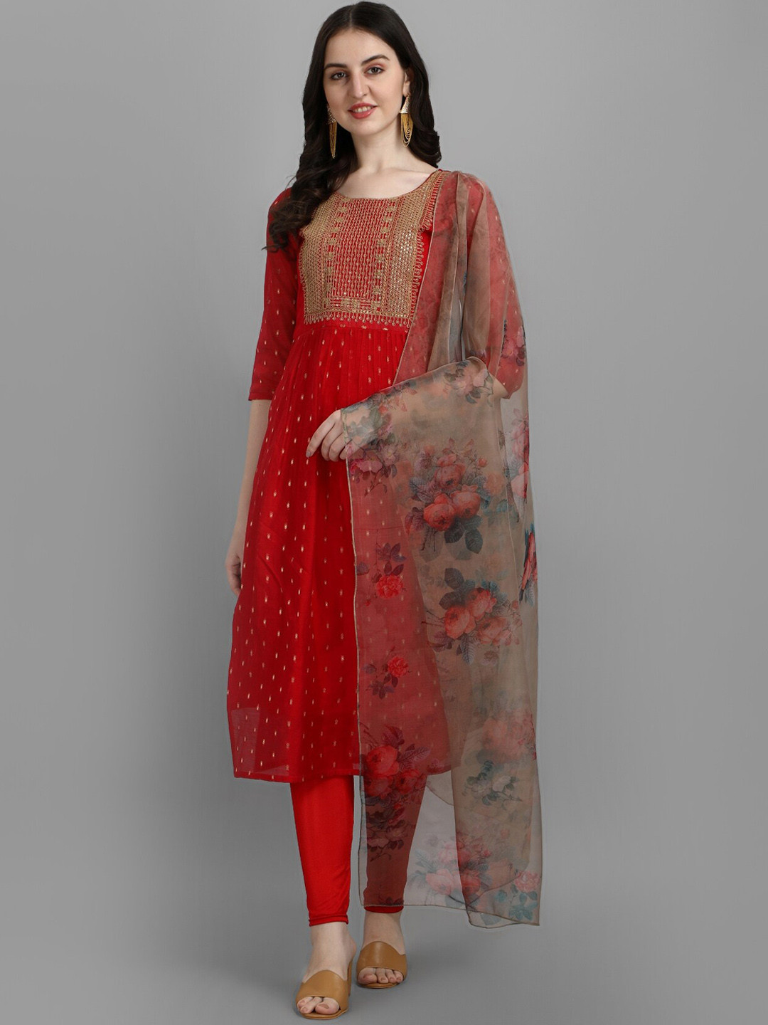 

KALINI Ethnic Motifs Yoke Design Regular Thread Work Kurta with Leggings & With Dupatta, Red
