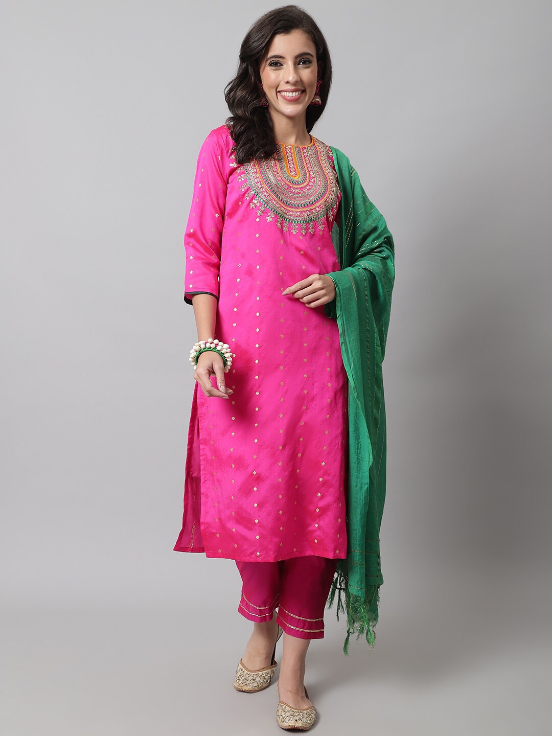 

KALINI Ethnic Motifs Yoke Design Regular Thread Work Kurta with Trousers & With Dupatta, Pink