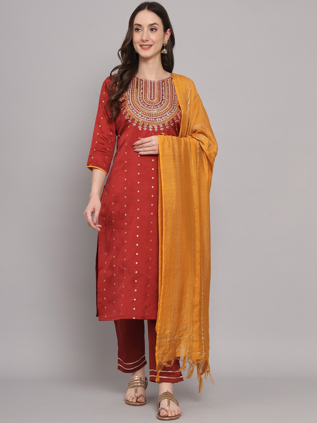 

KALINI Ethnic Motifs Embroidered Zari Sequined Kurta with Trousers & Dupatta, Maroon