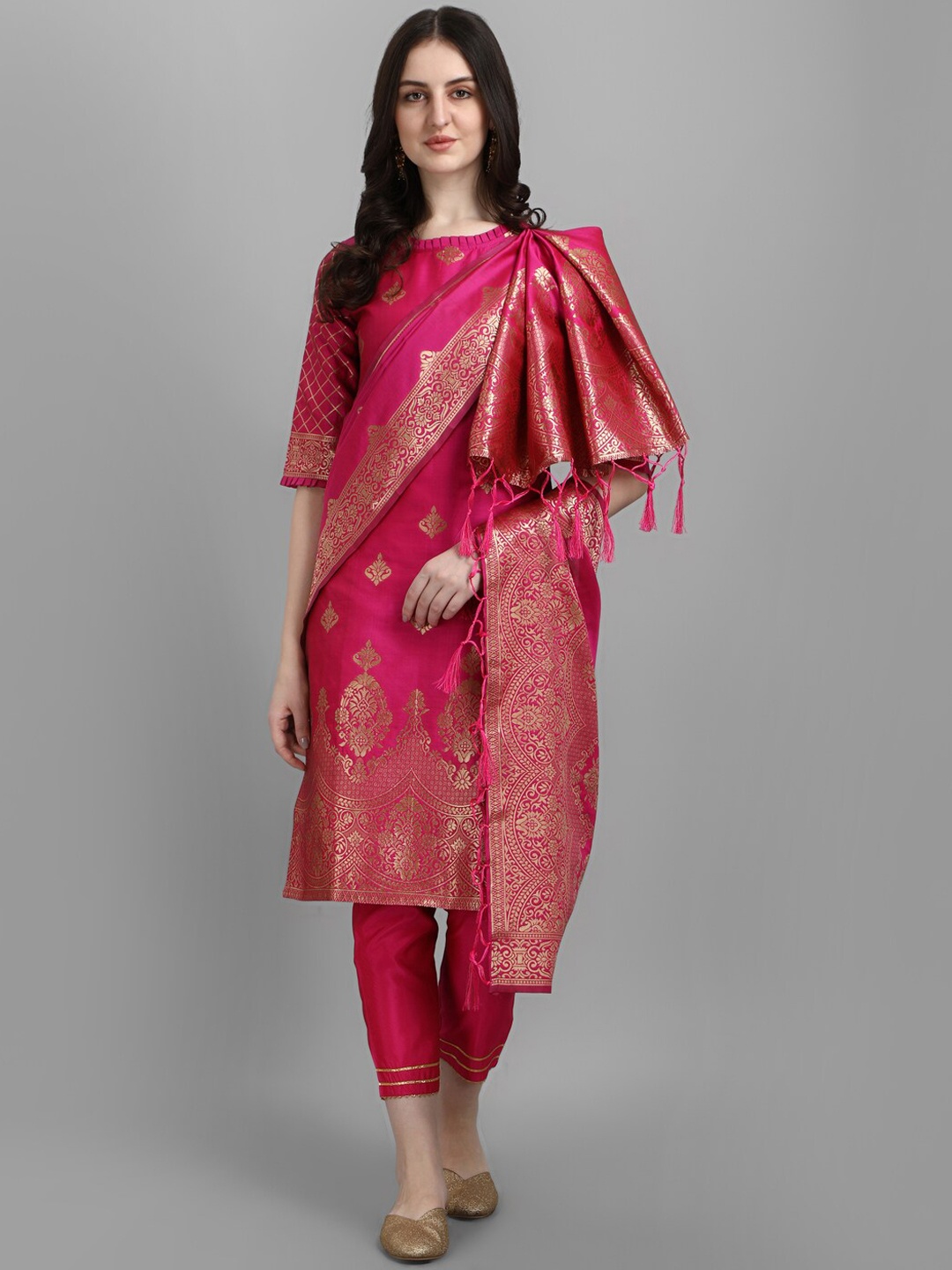 

KALINI Ethnic Motifs Woven Design Kurta with Trousers & Dupatta, Pink