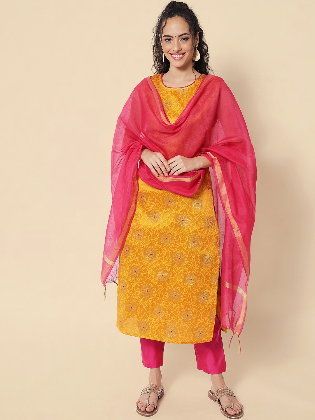 

KALINI Woven Design Kurta with Trousers & With Dupatta, Yellow