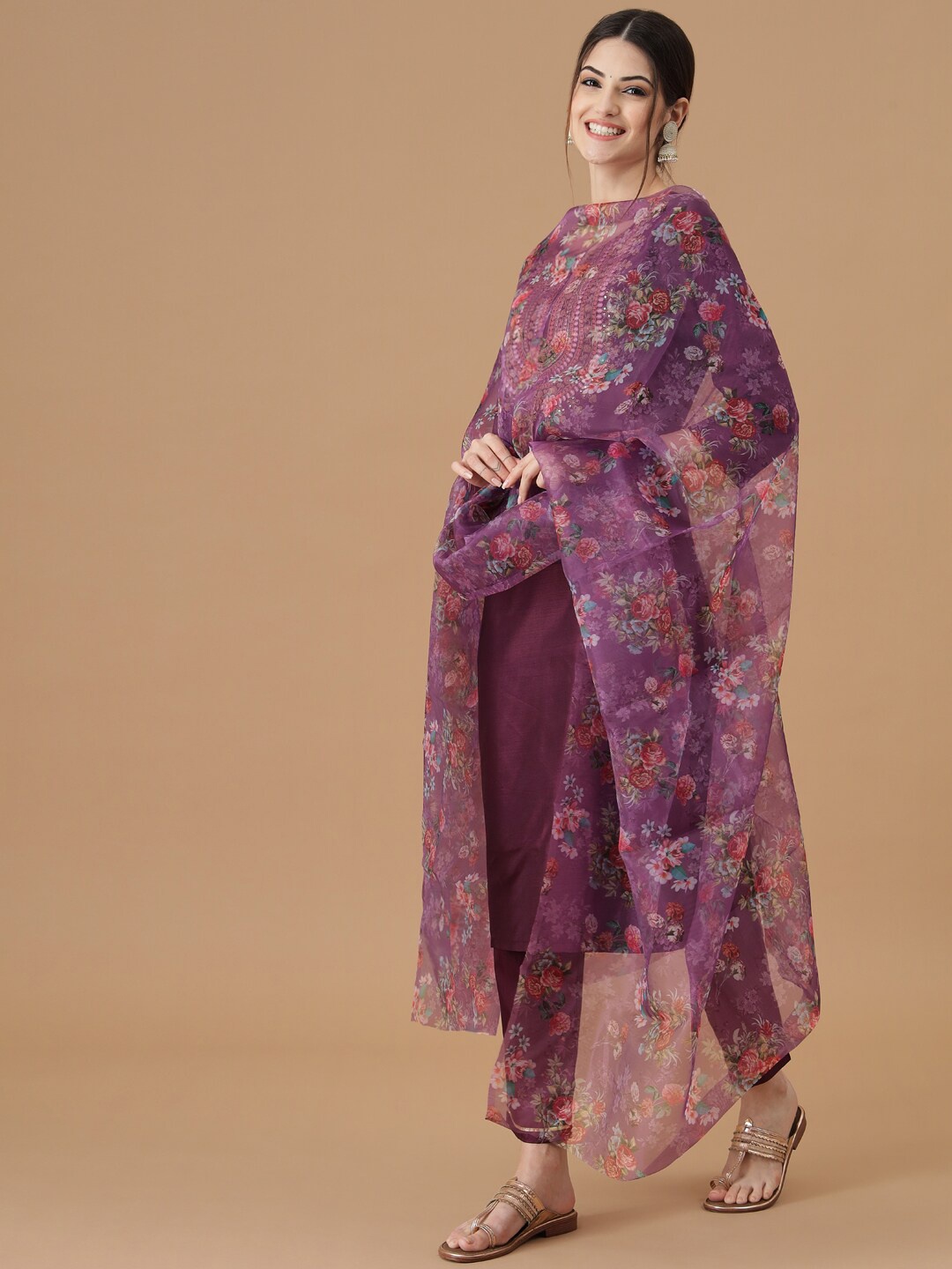 

KALINI Ethnic Motifs Yoke Design Regular Thread Work Kurta with Trousers & With Dupatta, Purple