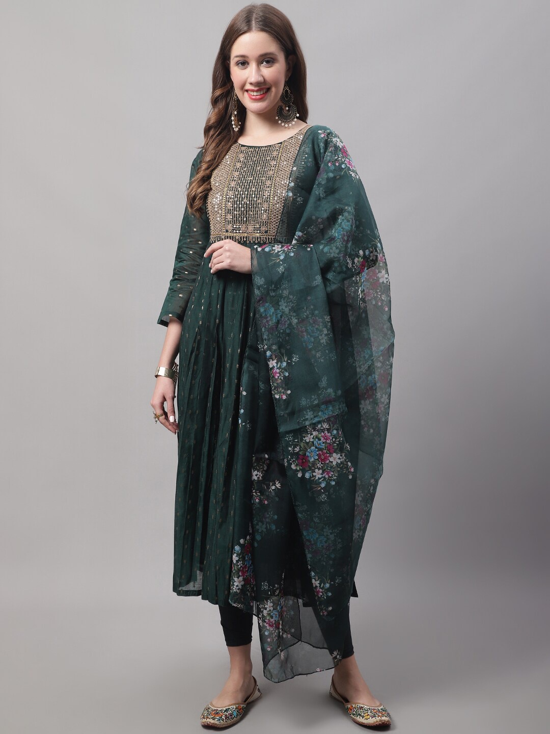 

KALINI Ethnic Motifs Yoke Design Thread Work A-Line Kurta with Trousers & With Dupatta, Green