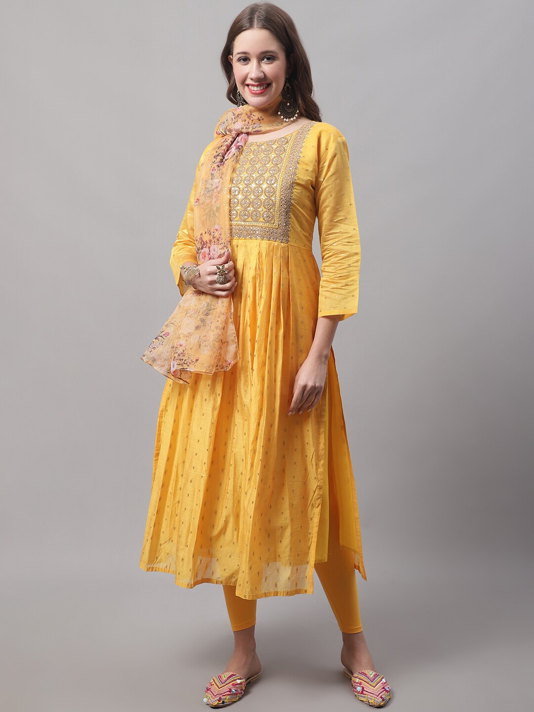 

KALINI Ethnic Motifs Embroidered Sequined Kurta With Leggings & Dupatta, Yellow