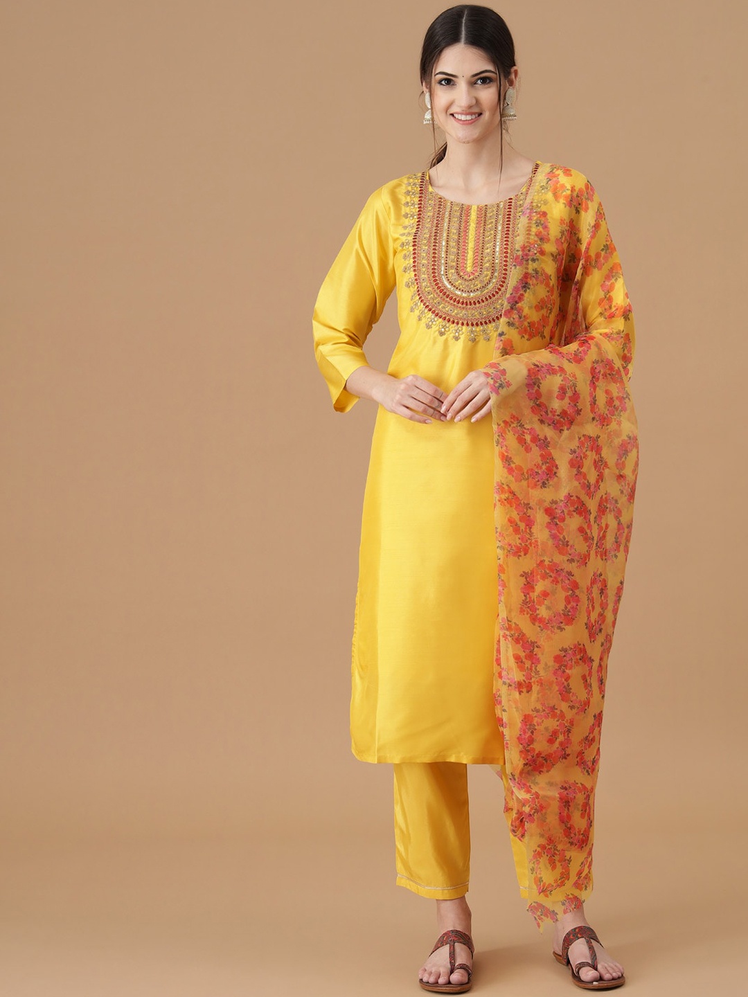 

KALINI Ethnic Motifs Embroidered Zari Sequined Kurta with Trousers & Dupatta, Yellow