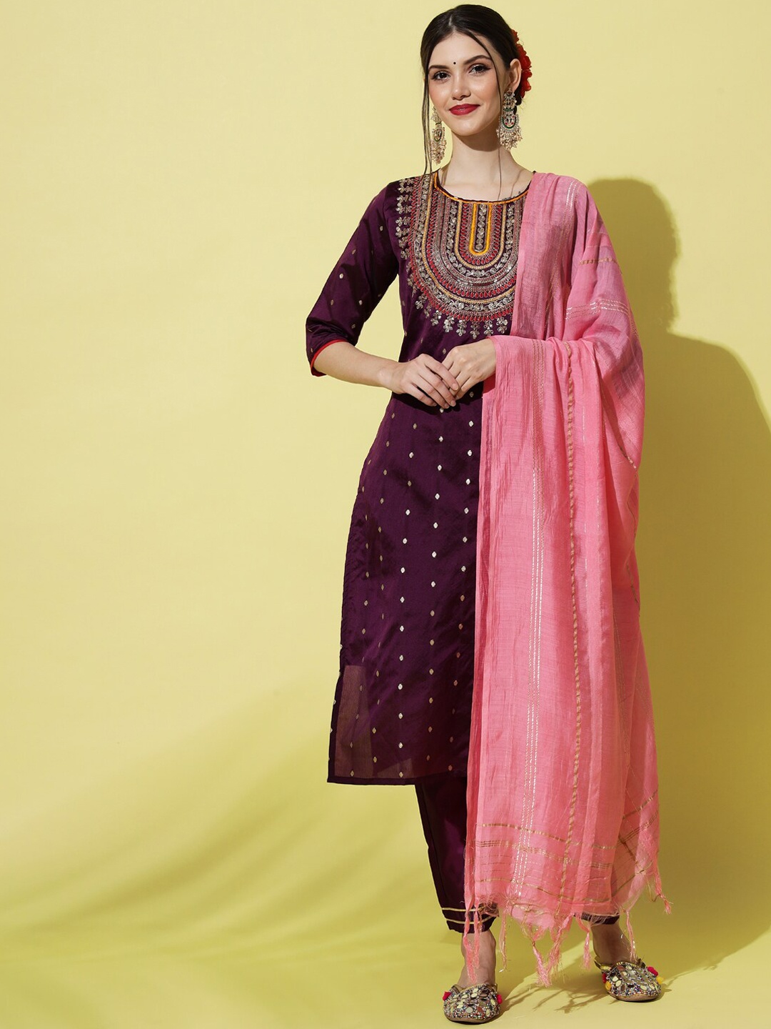 

KALINI Ethnic Motifs Yoke Design Regular Thread Work Kurta with Trousers & With Dupatta, Purple