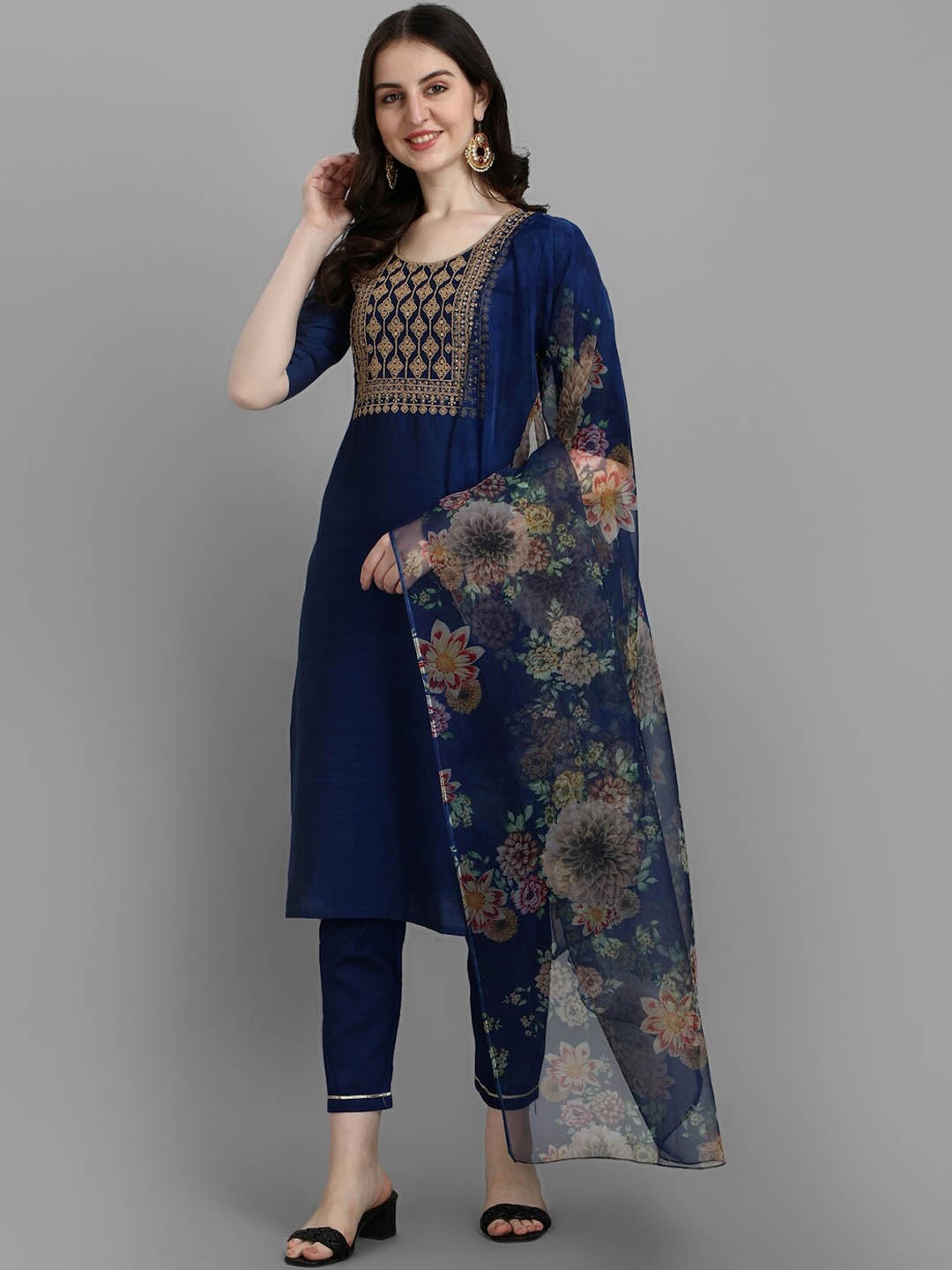 

KALINI Ethnic Motifs Embroidered Sequined Zari Kurta with Trousers & Dupatta, Navy blue