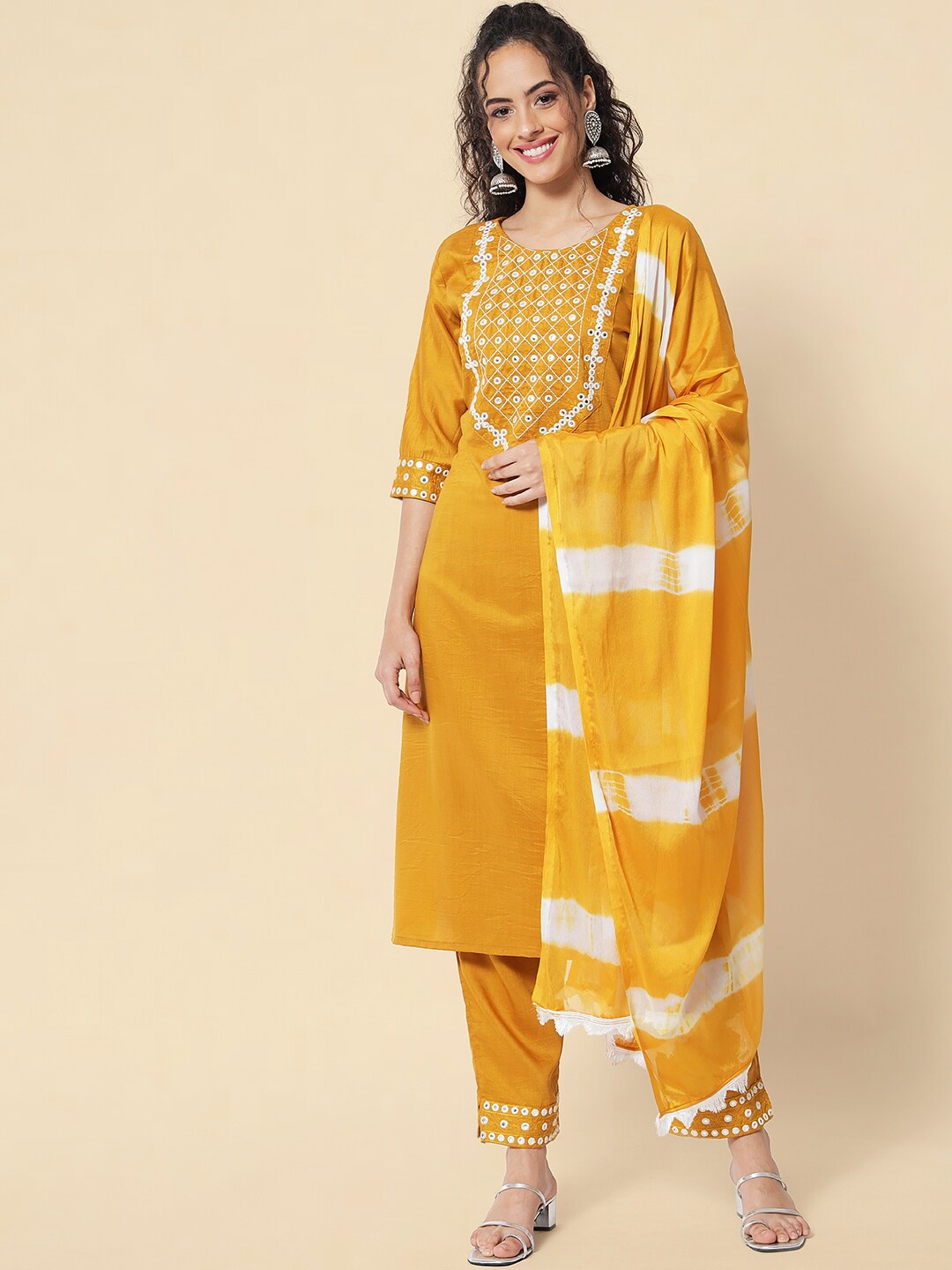 

KALINI Ethnic Motifs Yoke Design Regular Mirror Work Kurta with Trousers & With Dupatta, Yellow