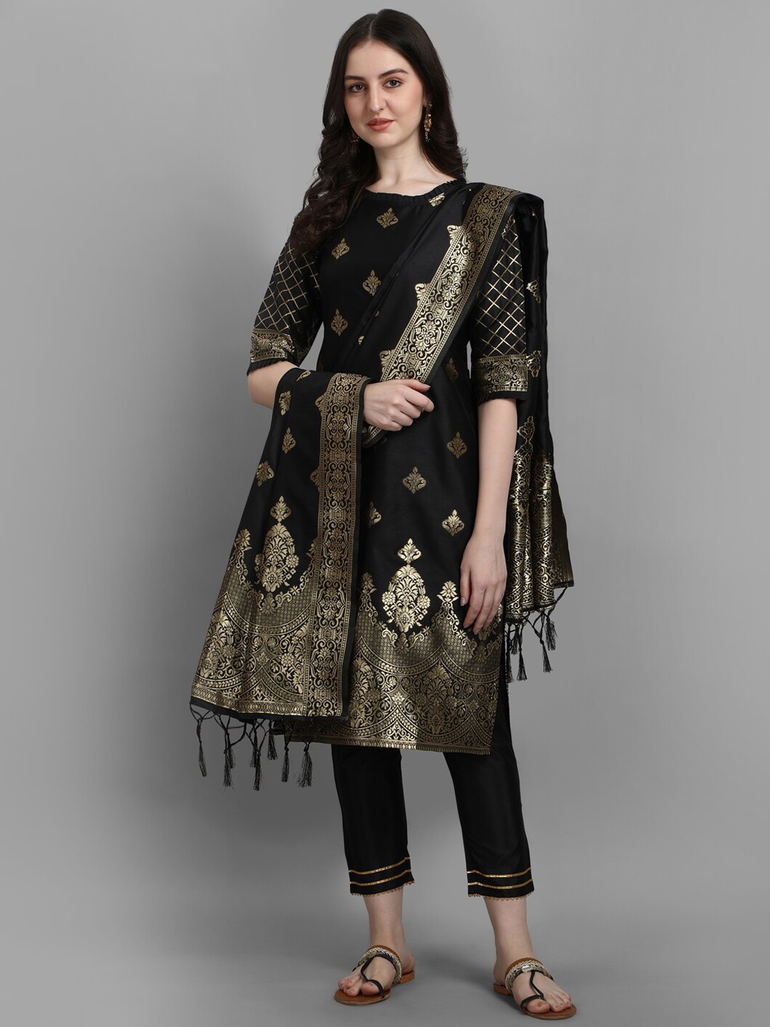 

KALINI Woven Design Kurta with Trousers & With Dupatta, Black