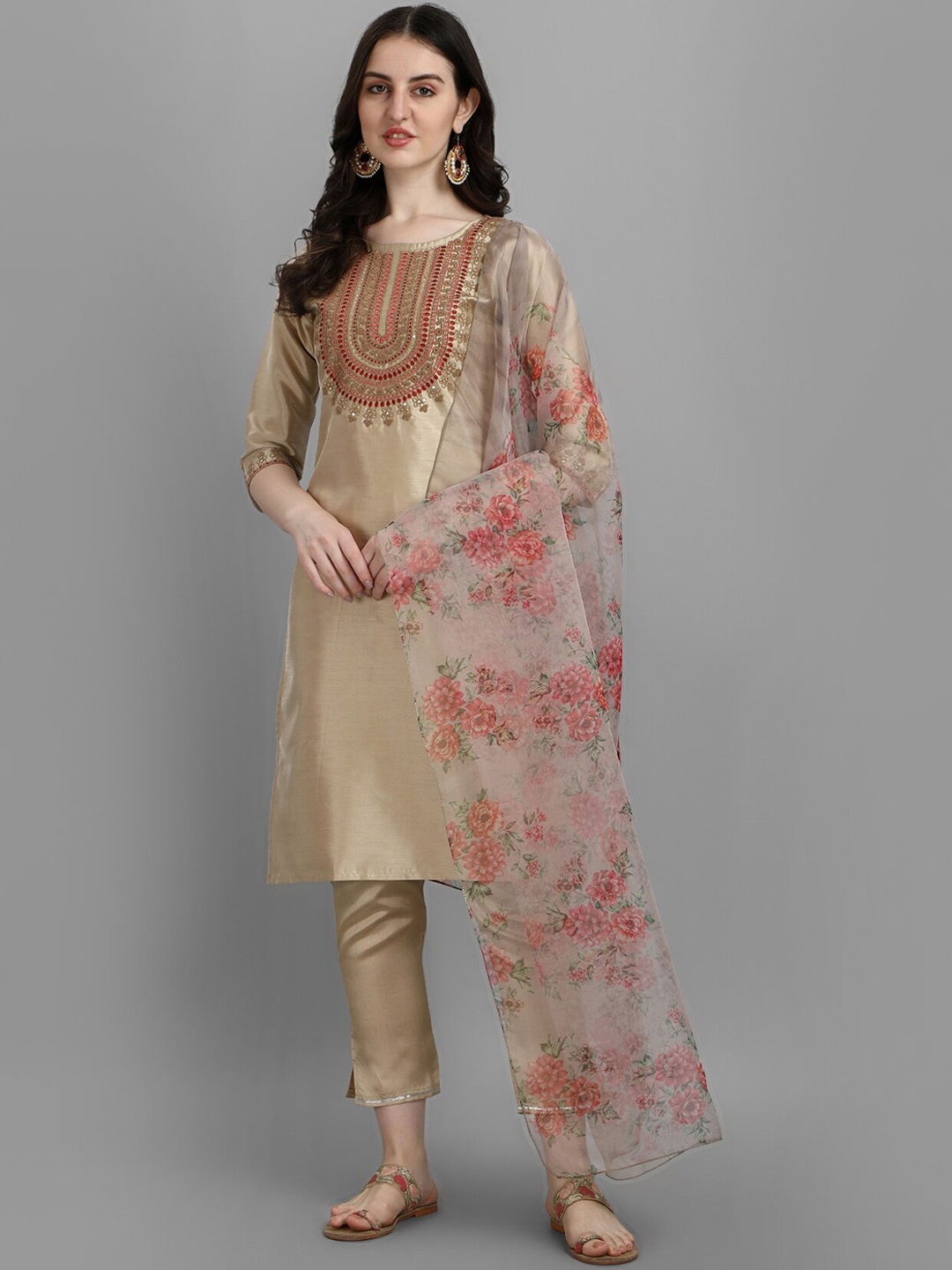 

KALINI Ethnic Motifs Embroidered Sequined Kurta with Trousers & Dupatta, Beige