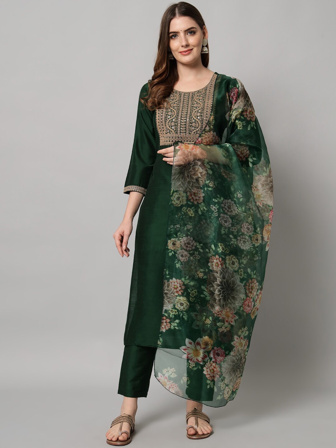 

KALINI Ethnic Motifs Yoke Design Regular Thread Work Kurta with Trousers & With Dupatta, Green