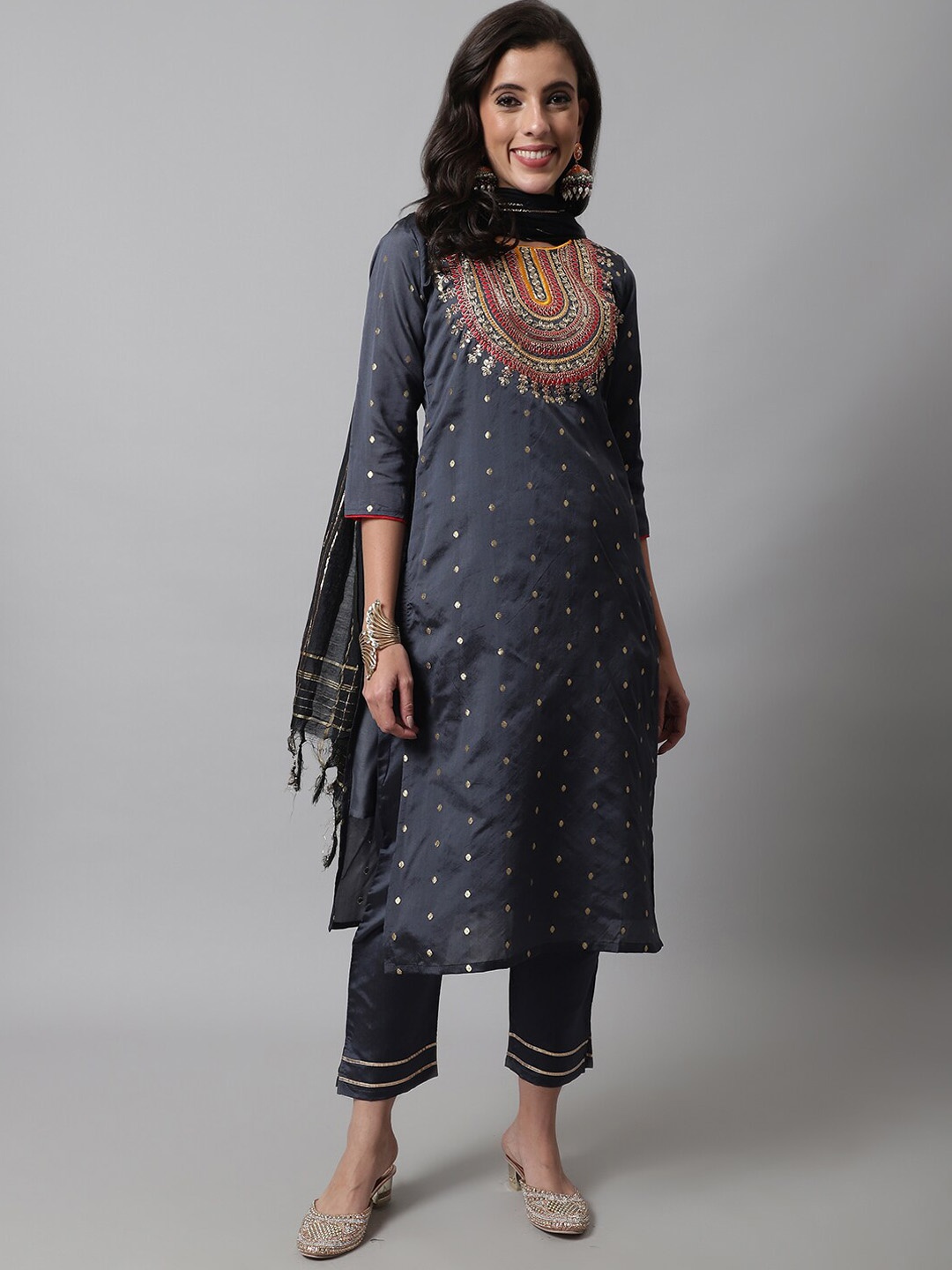 

KALINI Women Ethnic Motifs Embroidered Kurta with Trousers & Dupatta, Grey