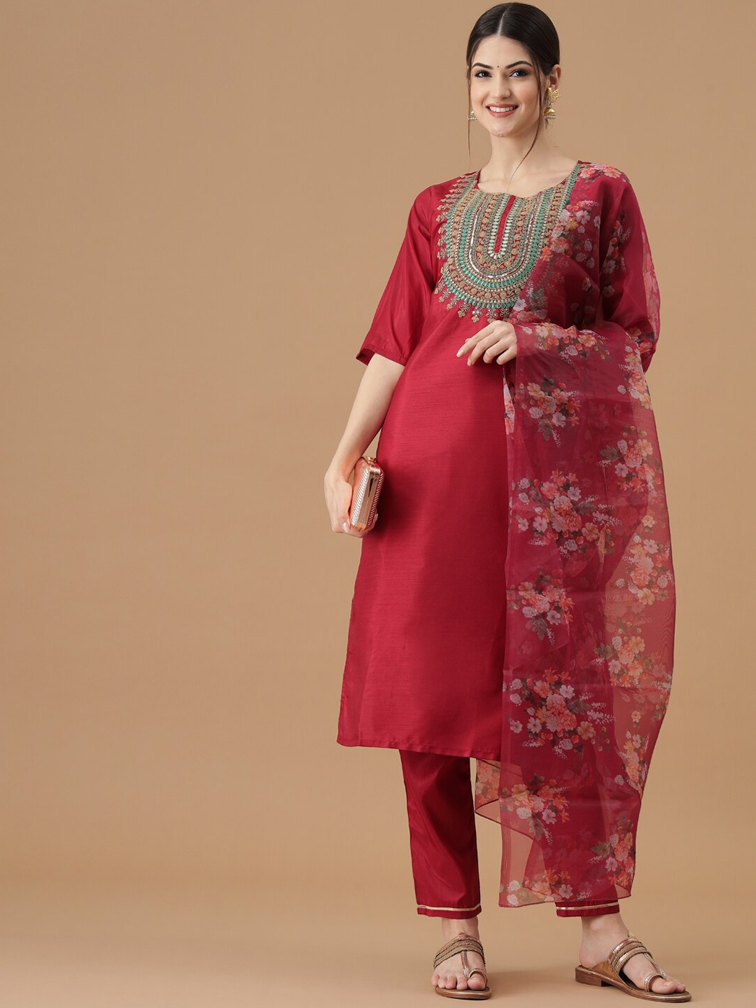 

KALINI Ethnic Motifs Yoke Design Regular Thread Work Kurta with Trousers & With Dupatta, Red