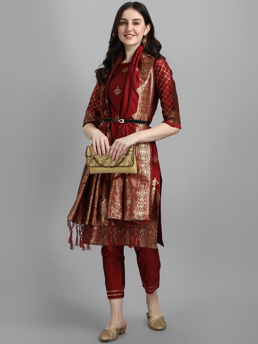 

KALINI Ethnic Motifs Woven Design Kurta With Trousers & Dupatta, Maroon
