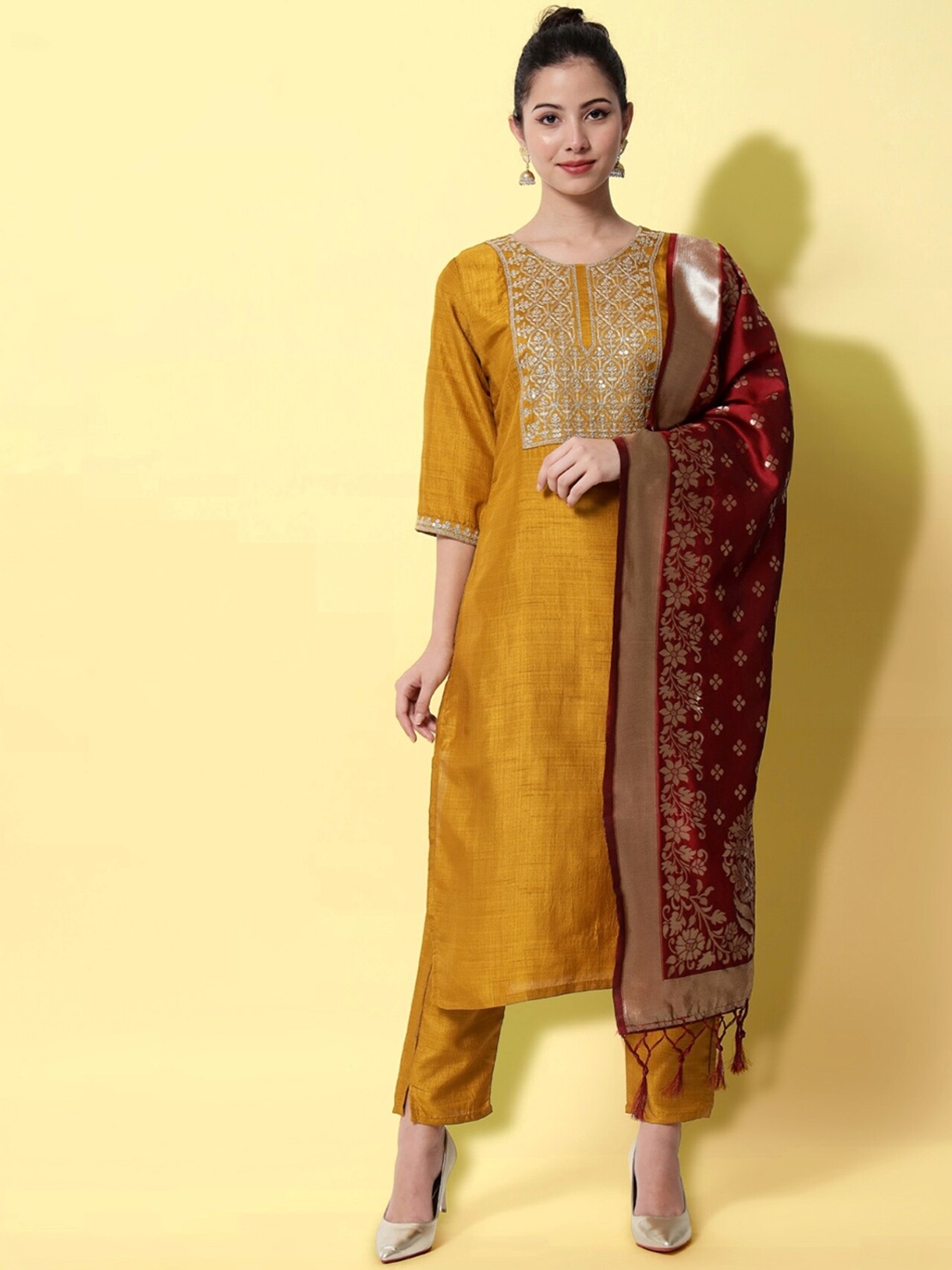 

KALINI Ethnic Motifs Yoke Design Regular Thread Work Kurta with Trousers & With Dupatta, Mustard