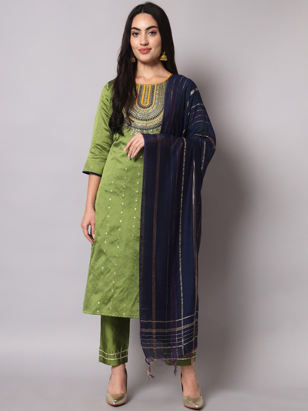 

KALINI Ethnic Motifs Embroidered Sequined Kurta with Trousers & Dupatta, Green