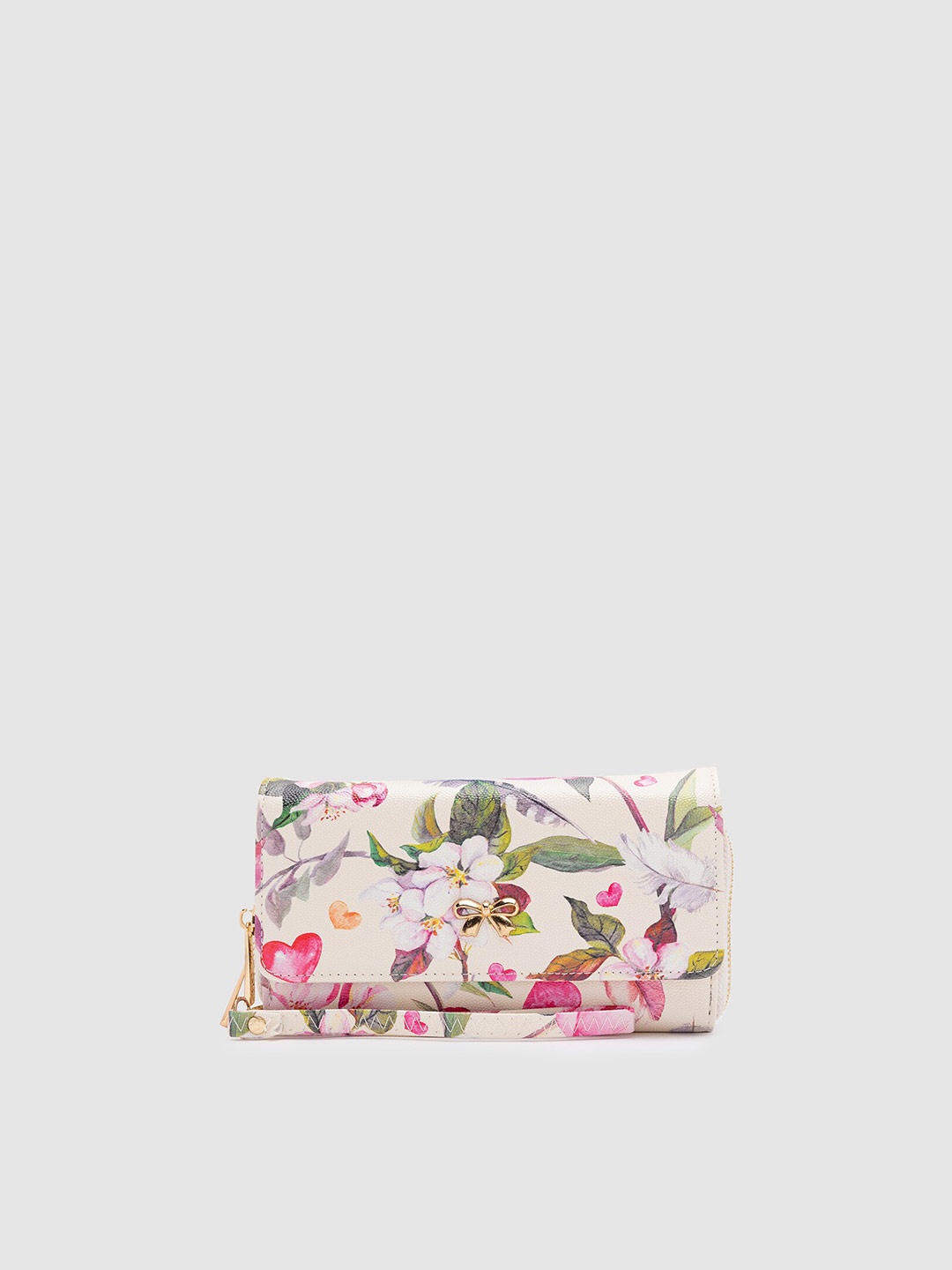 

Globus Women White & Pink Floral Printed Bow Detail PU Envelope Wallet