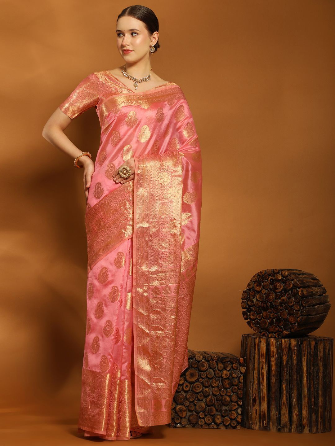 

PHEASANT Paisley Woven Design Zari Silk Cotton Saree, Pink