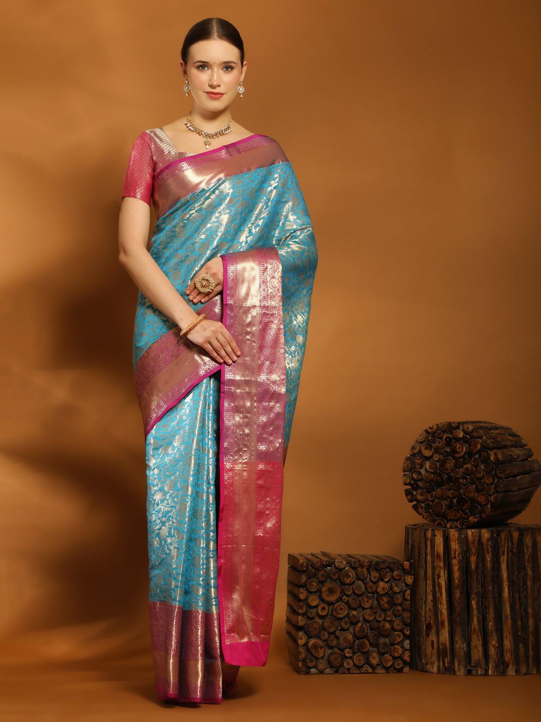 

PHEASANT Floral Woven Design Zari Silk Cotton Saree, Blue