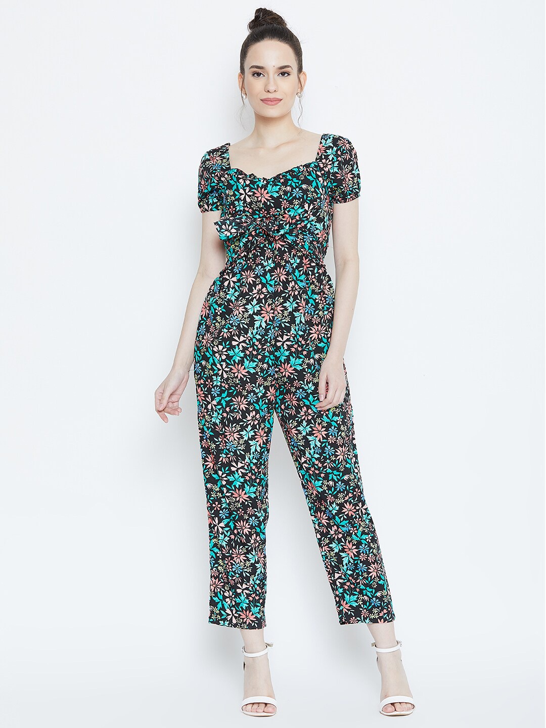 

DODO & MOA Black & Pink Floral Printed Tie-Up Basic Jumpsuit