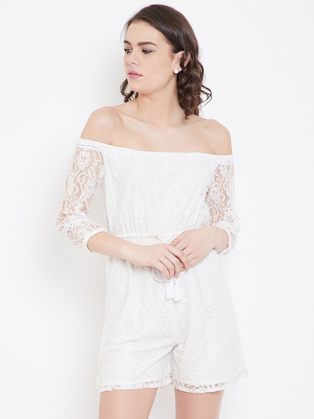 

DODO & MOA White Lace Self Design Off-Shoulder Playsuit