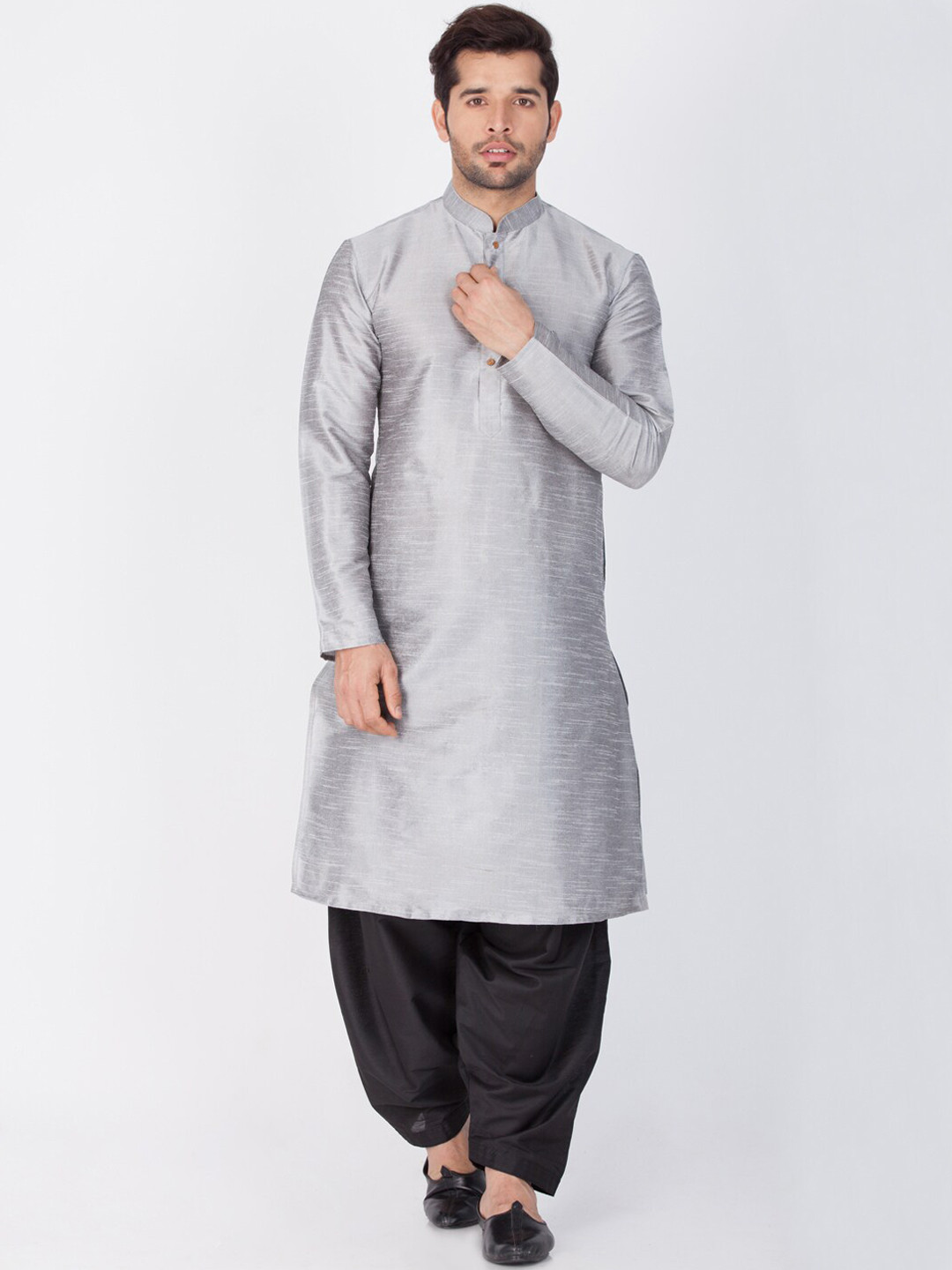 

VASTRAMAY Mandarin Collar Regular Straight Kurta With Dhoti Pants, Grey