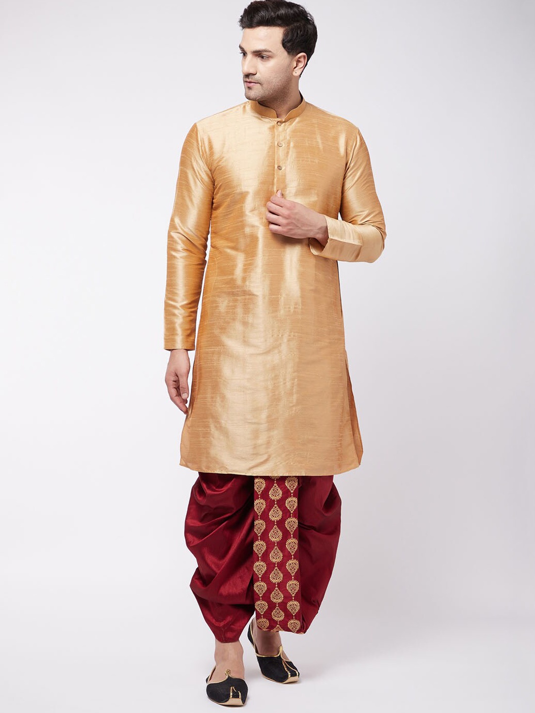 

VM Mandarin Collar Regular Straight Kurta With Dhoti Pants, Rose gold