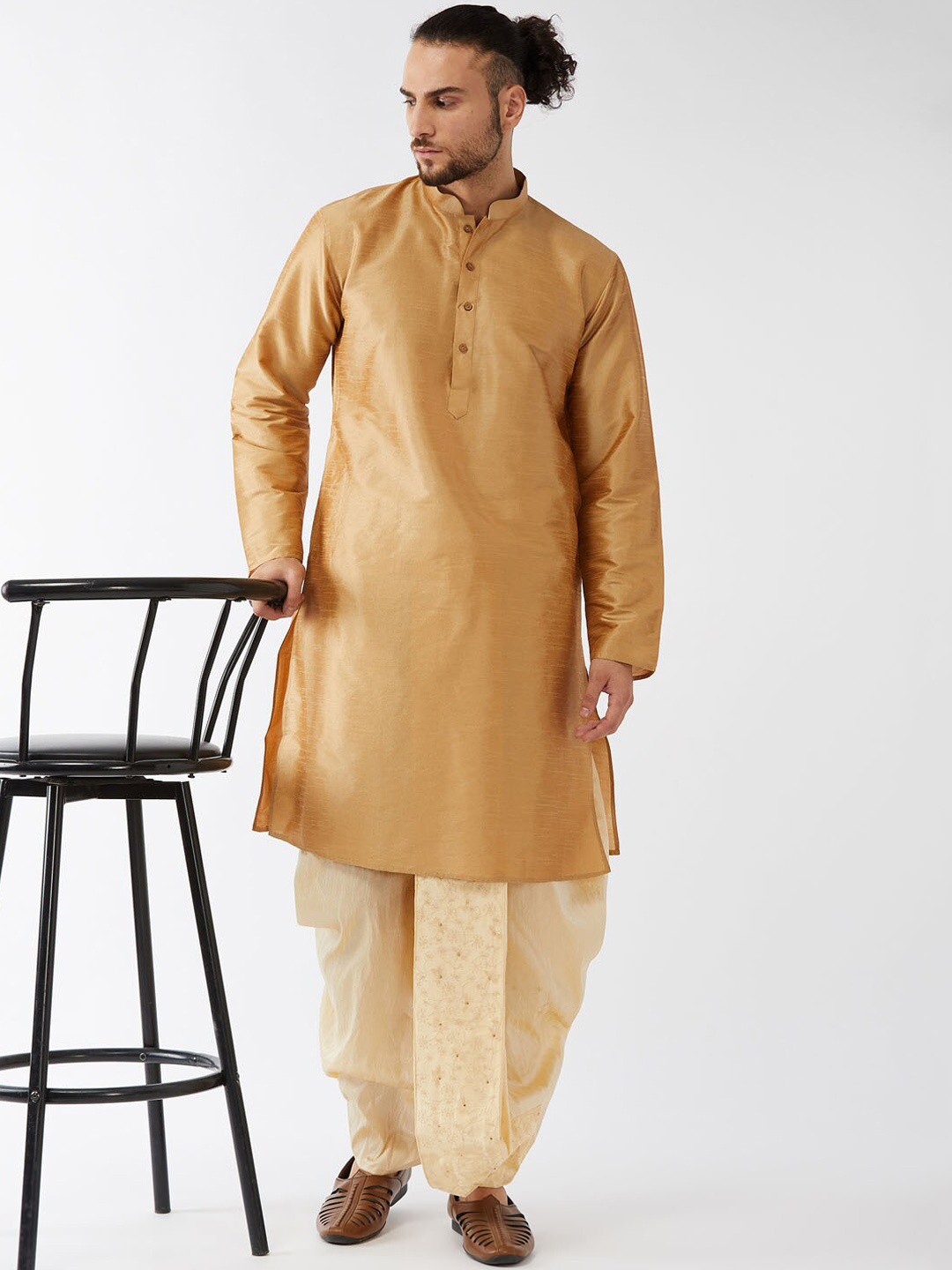 

VASTRAMAY Mandarin Collar Straight Kurta with Dhoti Pants, Beige