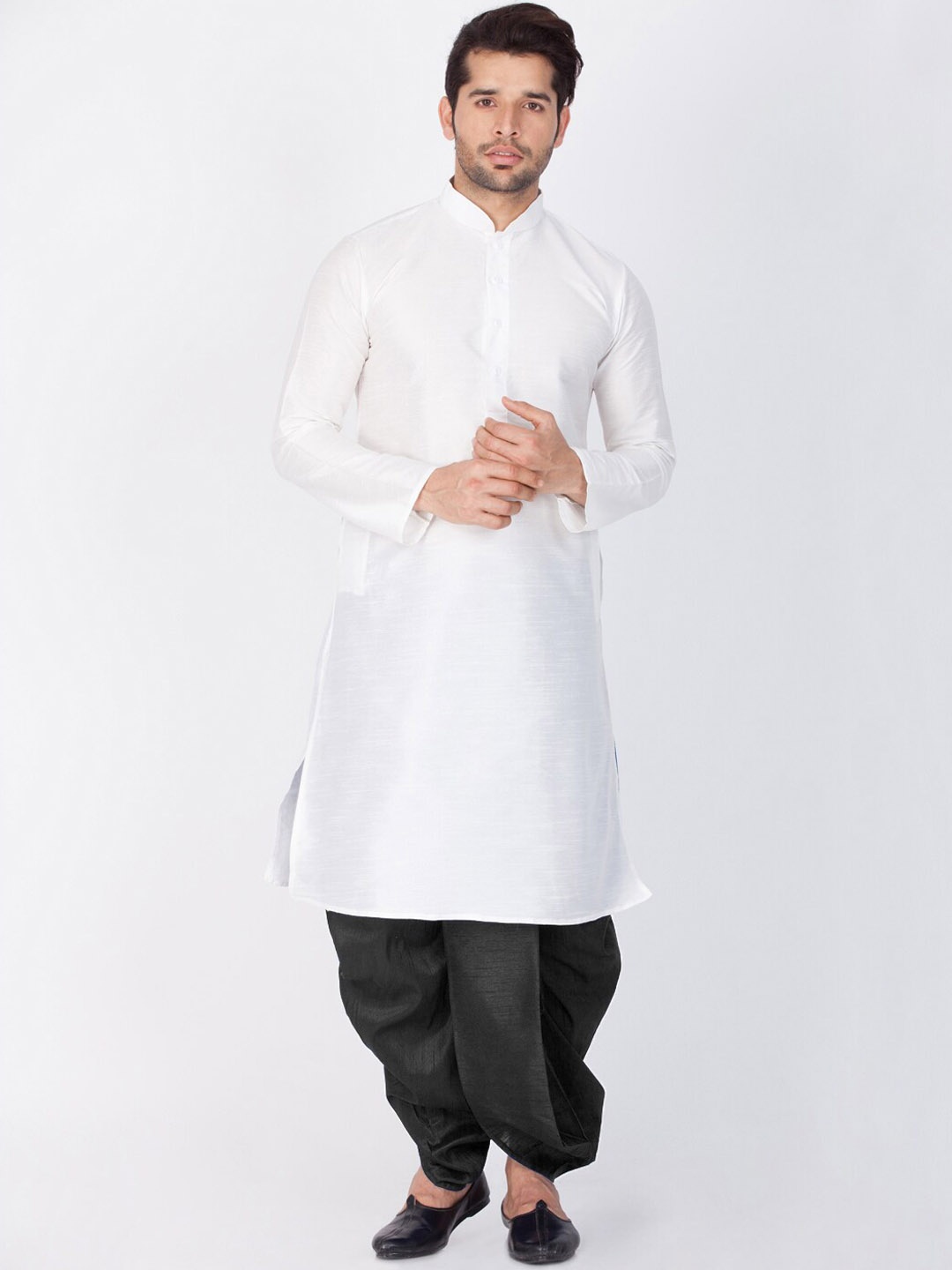 

VASTRAMAY Mandarin Collar Regular Straight Kurta With Dhoti Pants, White