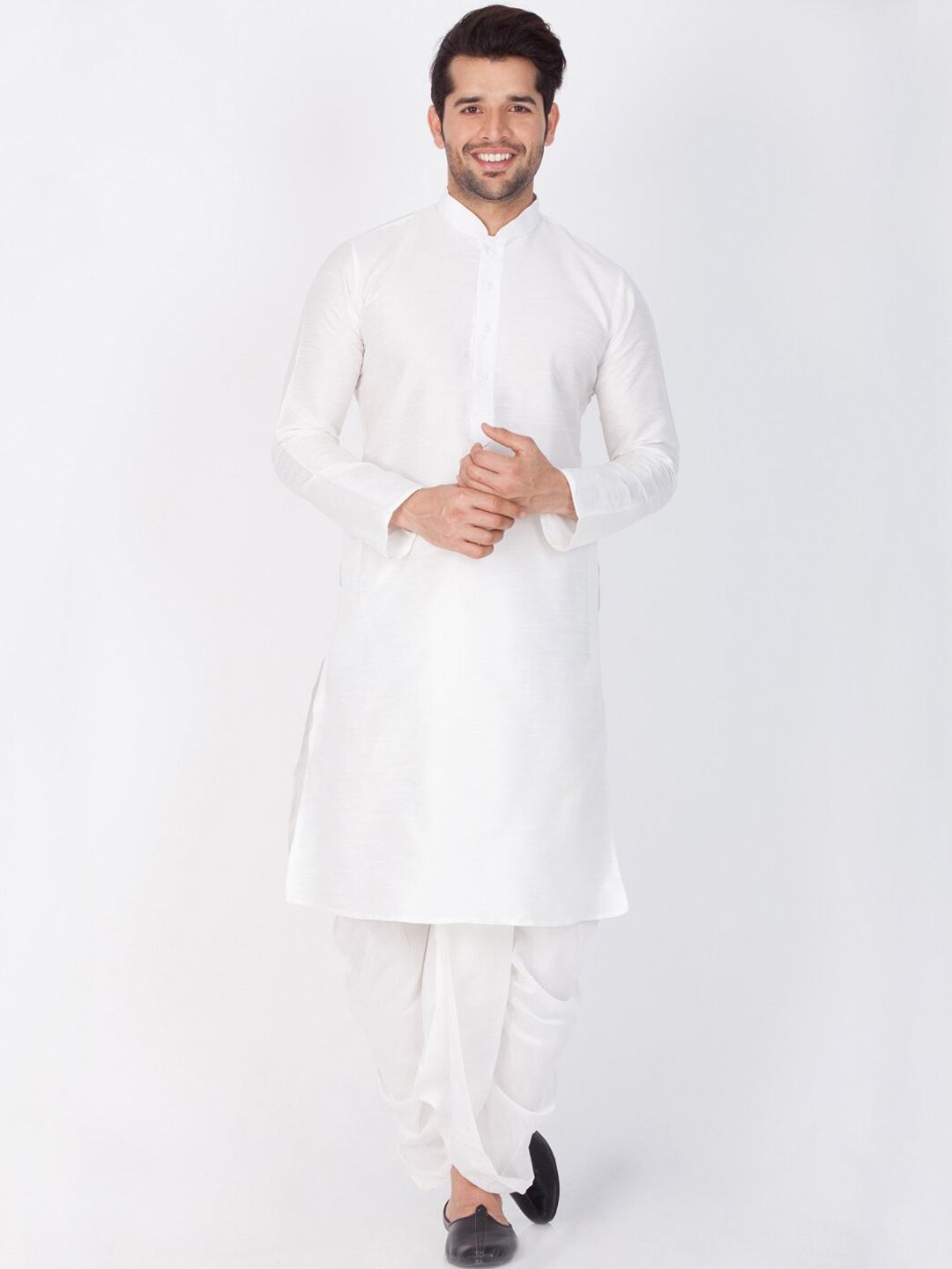 

VASTRAMAY Mandarin Collar Regular Straight Kurta With Dhoti Pants, White