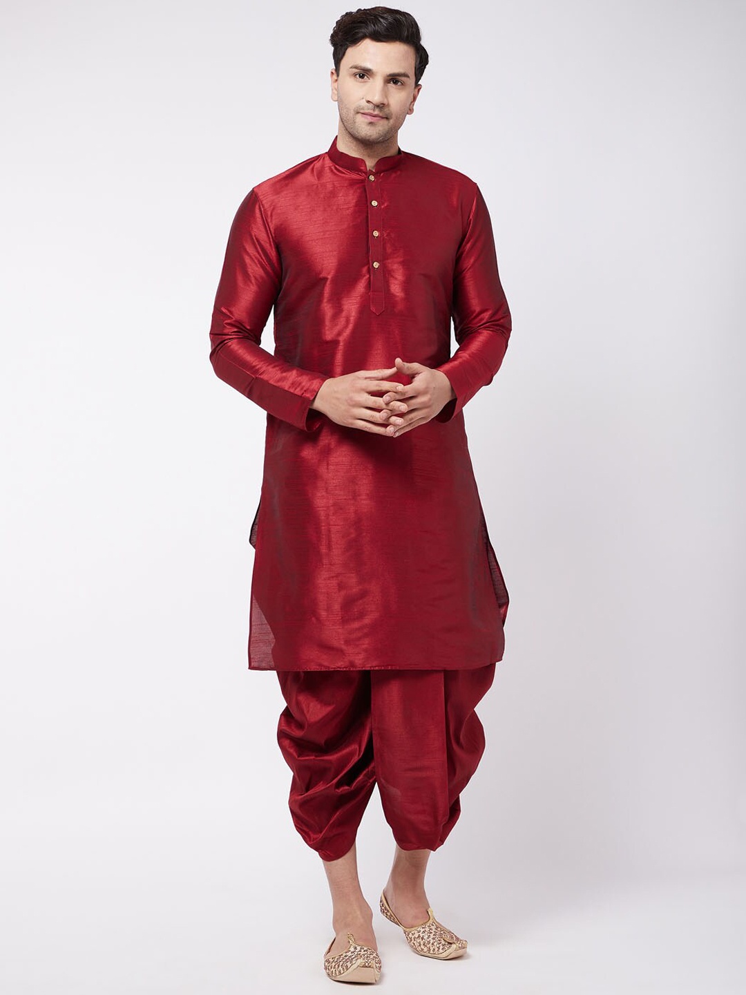 

VASTRAMAY Mandarin Collar Kurta with Dhoti Pants, Maroon