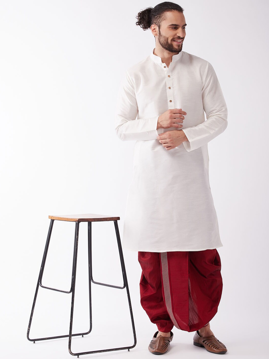 

VASTRAMAY Mandarin Collar Kurta with Dhoti Pants, White