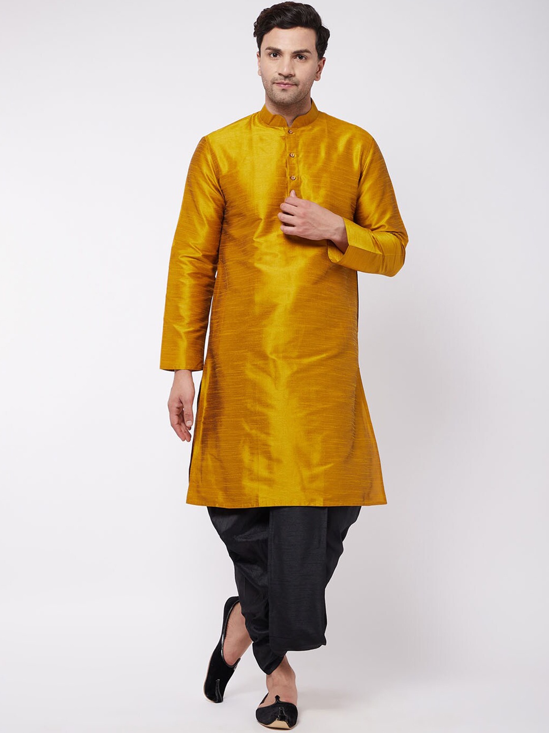 

VASTRAMAY Mandarin Collar Regular Kurta With Dhoti Pants, Mustard