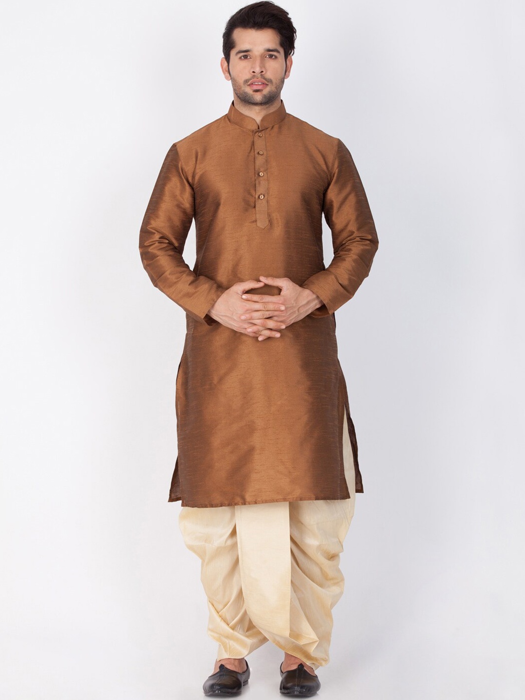 

VASTRAMAY Mandarin Collar Regular Straight Kurta With Dhoti Pants, Coffee brown