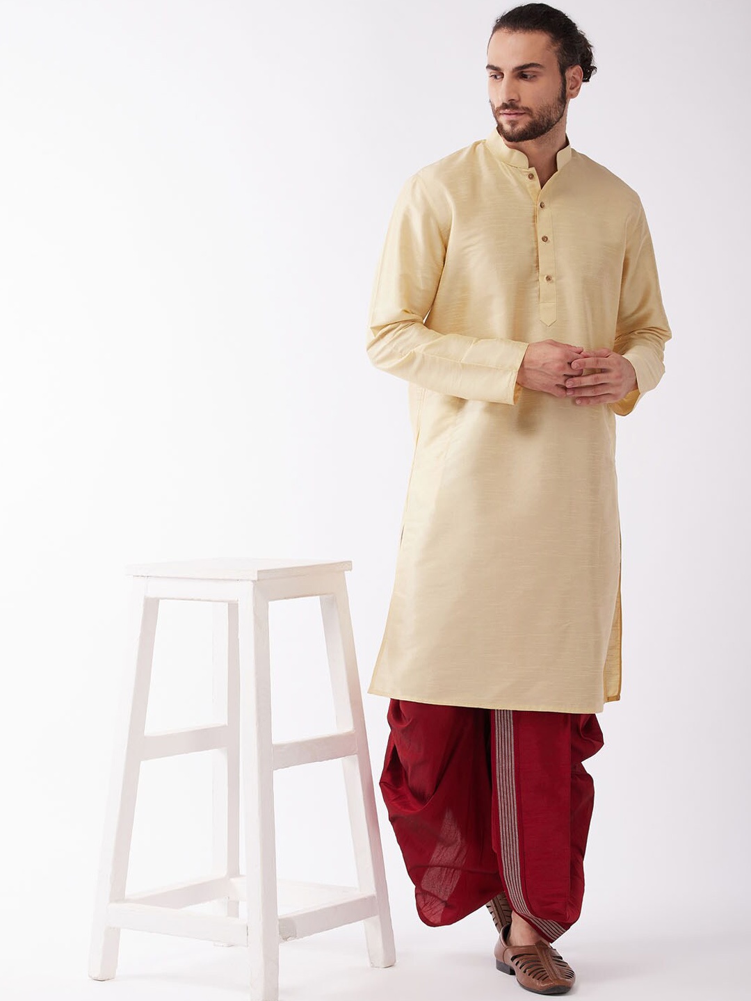 

VASTRAMAY Mandarin Collar Kurta with Dhoti Pants, Gold