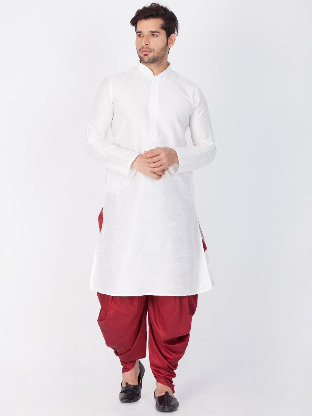 

VASTRAMAY Mandarin Collar Regular Straight Kurta With Dhoti Pants, White