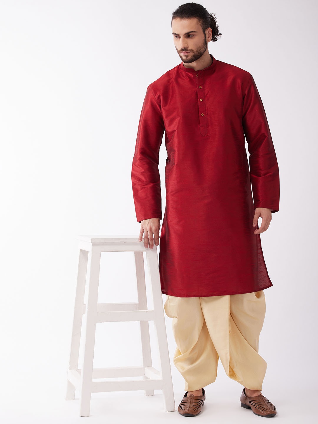 

VASTRAMAY Mandarin Collar Kurta with Dhoti Pants, Maroon