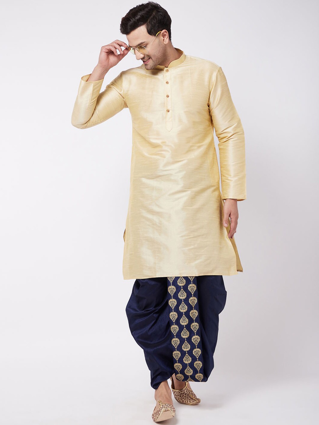 

VM Mandarin Collar Kurta with Embroidered Dhoti Pants, Gold