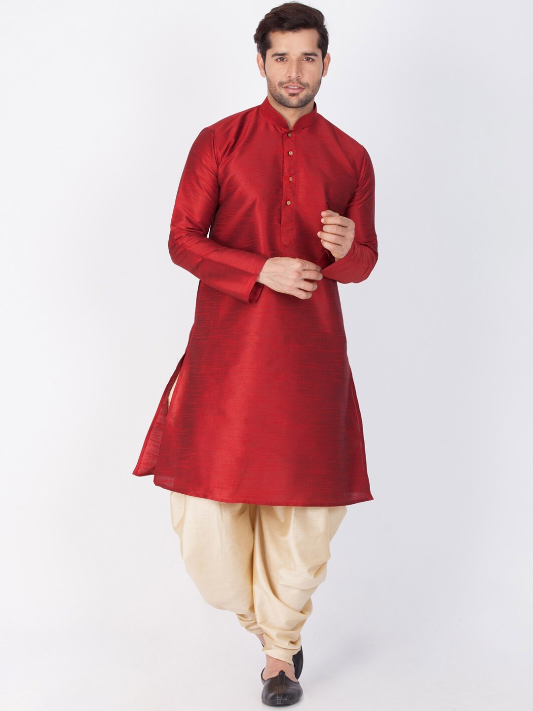 

VASTRAMAY Mandarin Collar Kurta with Dhoti Pants, Maroon