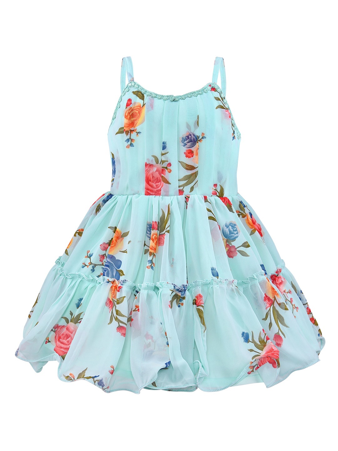 

Wish Karo Floral Printed Shoulder Strap Georgette Fit & Flare Dress, Turquoise blue